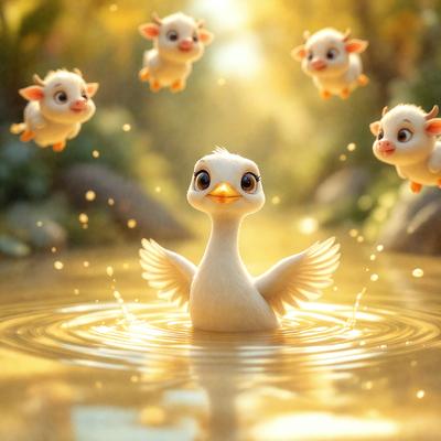 The primary subject of the image is a white bird, possibly a duck, standing in a body of water. The bird appears to be looking up, possibly at the sky or another bird. The setting is a body of water, with the bird surrounded by a few other birds flying in the background. The visual style of the image is a combination of photo and digital art, creating a unique and eye-catching scene. The colors and mood of the image are predominantly warm and inviting, with the white bird standing out against
